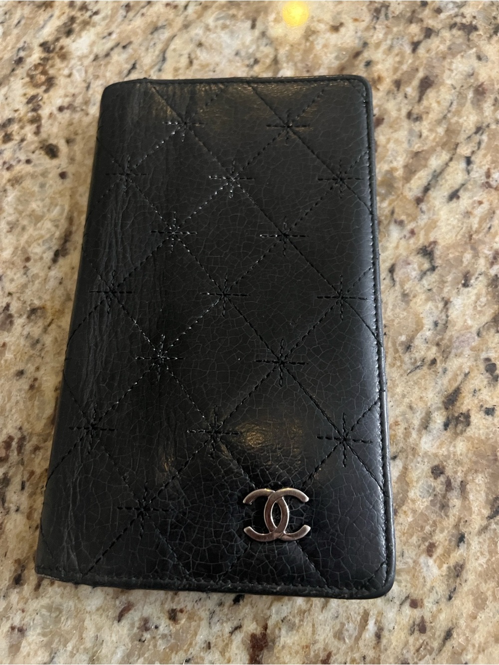 CHANEL Black Quilted Leather Card Wallet with Silver CC